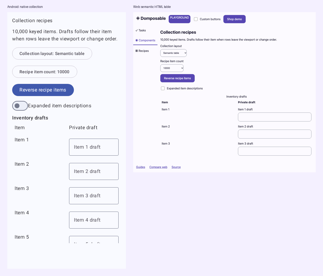 The shared inventory table on Android and semantic HTML