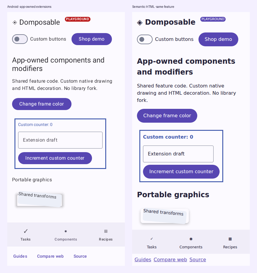 The shared extension example on Android and semantic HTML, with app-owned decoration and retained counter/input state