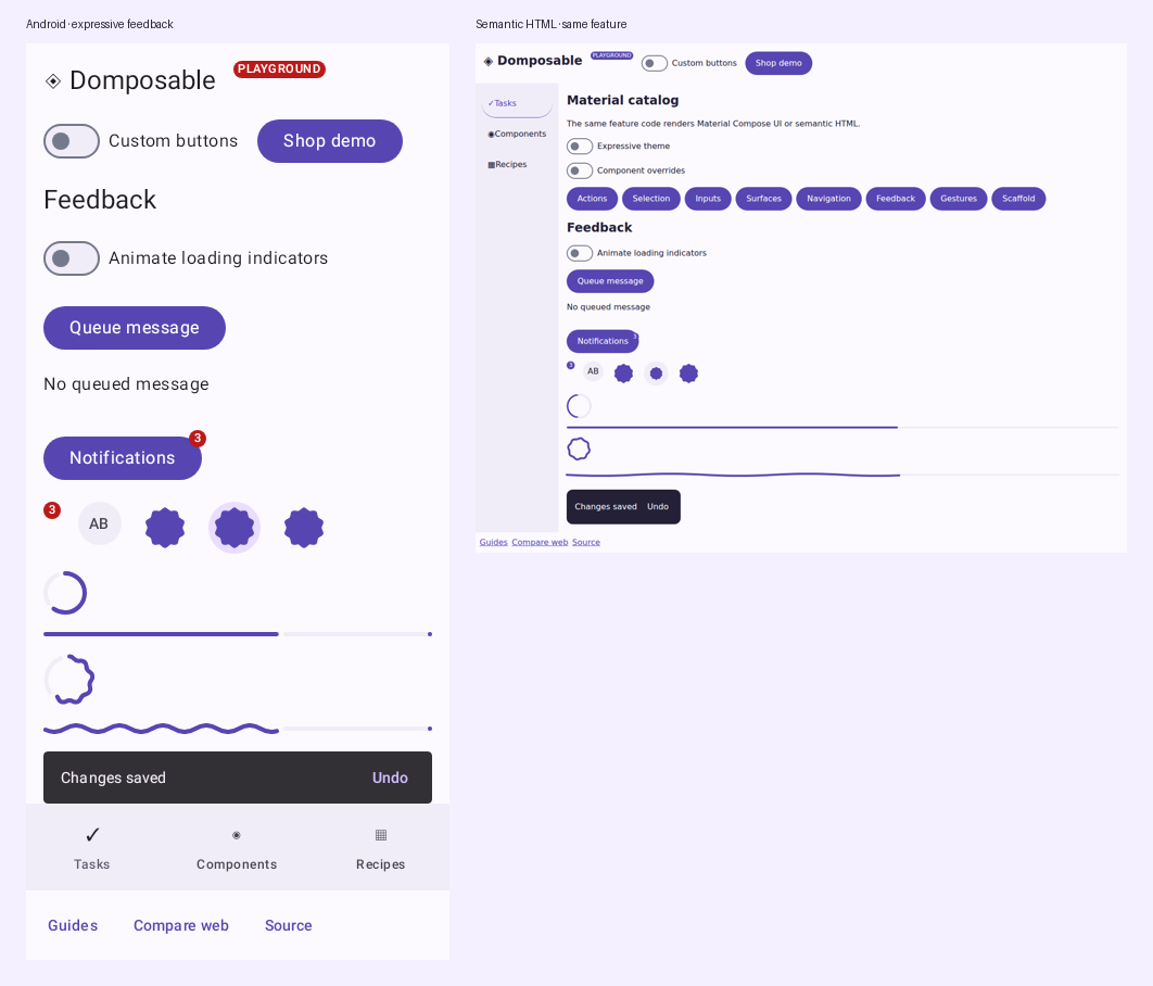 Expressive feedback from the same shared feature on Android and semantic HTML