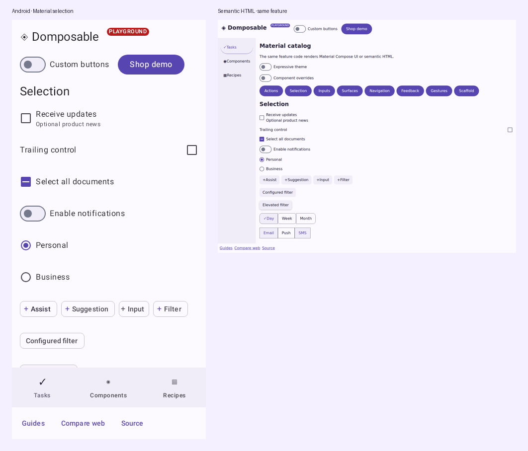 Material selection controls from the same shared feature on Android and semantic HTML