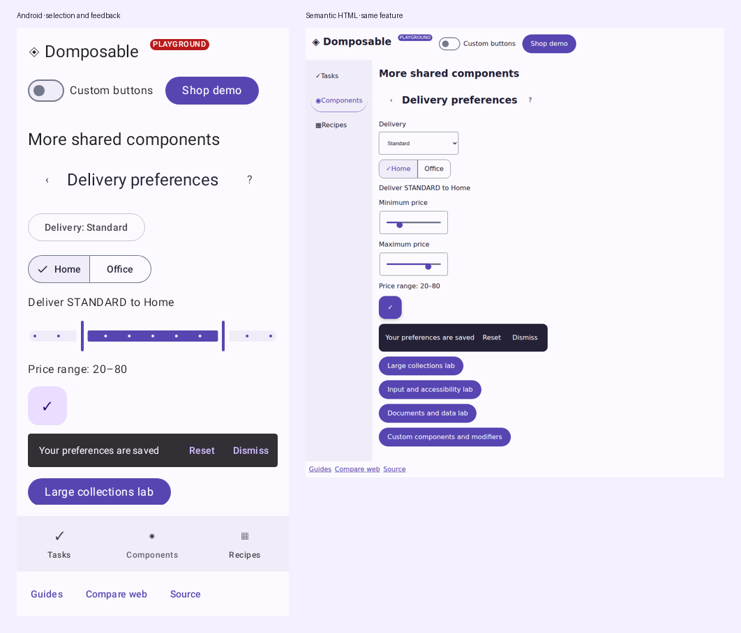 The same delivery preferences feature on Android and semantic HTML